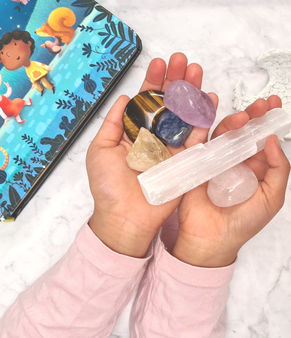 Childrens Crystal Set with crystals to empower and inspire children, aluminium gift box, with angel wing dish to hold crystals