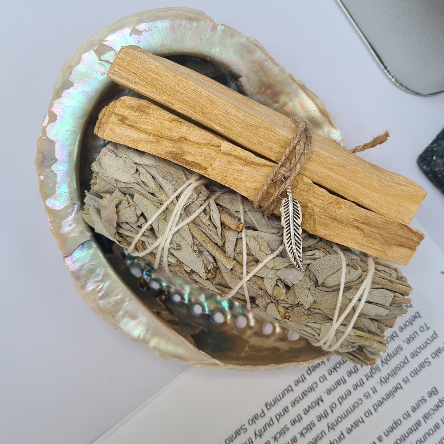 visual of the sage and palo santo in the abalone shell