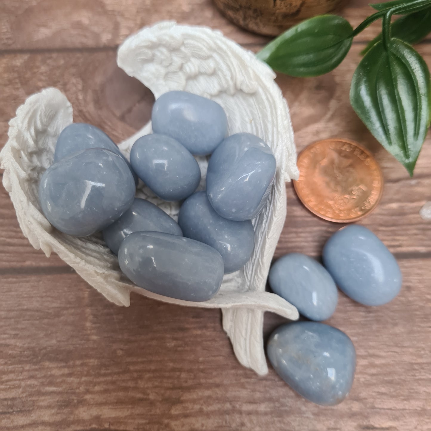 A polished Angelite tumble stone, showcasing its soothing blue color and smooth surface, radiating calmness and tranquility.